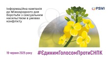 Жовті квіти із зеленими стеблами на м'якому тлі. Текст засуджує сексуальне насильство в умовах конфлікту. Вказано дату та хештег. Логотип у кутку.