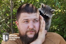 Єнот Моллі на плечі військового, щось "говорить" йому на вухо