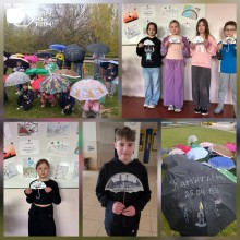 Колаж з п'яти фотографій. Діти тримають парасольки в пам'ять про загиблих на Чорнобильській АЕС.
