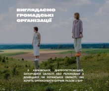 Дівчата стоять на дерев'яних стовпчиках та дивляться в даль. Зверху надпис "Виглядаємо громадські організації".