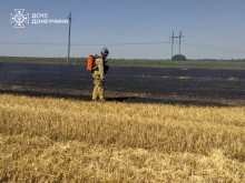 Рятувальники приборкали загоряння пшениці. Пожежник у захисному костюмі стоїть на полі.