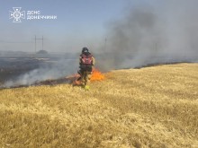 Пожежник на полі гасить вогонь. Попереду нього горить пшениця та палає вогонь.