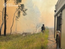 Горіння лісів Донеччини по всюди задимлення. Пожежник у захисному костюмі тримає гідрошланг та гасить вогонь, поруч пожежний автомобіль.