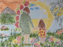 Малюнок переможиці конкурсу, на якому зображені мати й донька, вони тримаються за руки, стоячи серед квітів. На тлі – річка, терикони та поле з яскравим сонцем і веселкою