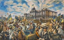 Картина «Перше підняття українського прапора у Бахмуті»: зображені люди радіють та підкидають шапки догори