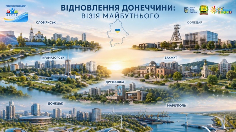 Афіша обласного проєкту із зображенням майбутнього відбудованих міст Донеччини