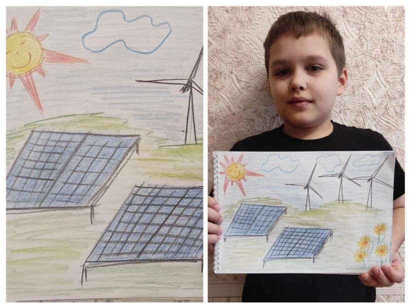 Вихованець Донецького обласного центру технічної творчості з малюнком вітряків та сонячних батарей