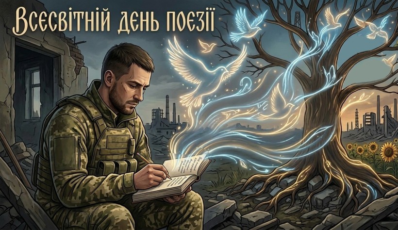 Військовий пише вірші у зошиті, які виринають у небо птахами
