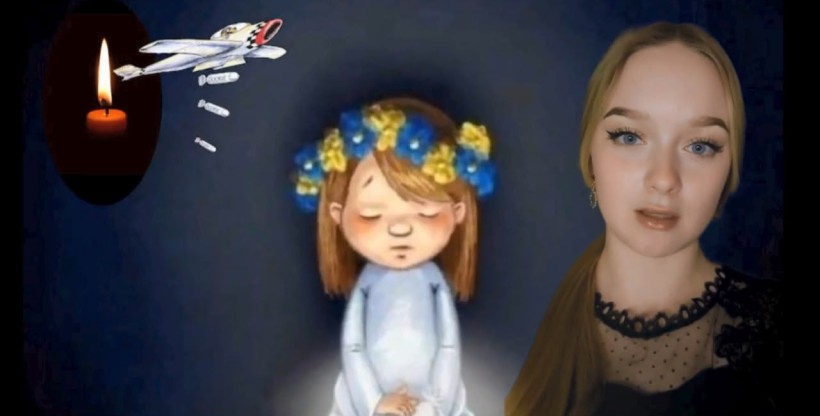 Колаж із зображенням дівчини праворуч, ілюстрації дитини у вінку по центру та символічних елементів: свічки та літака, що скидає бомби