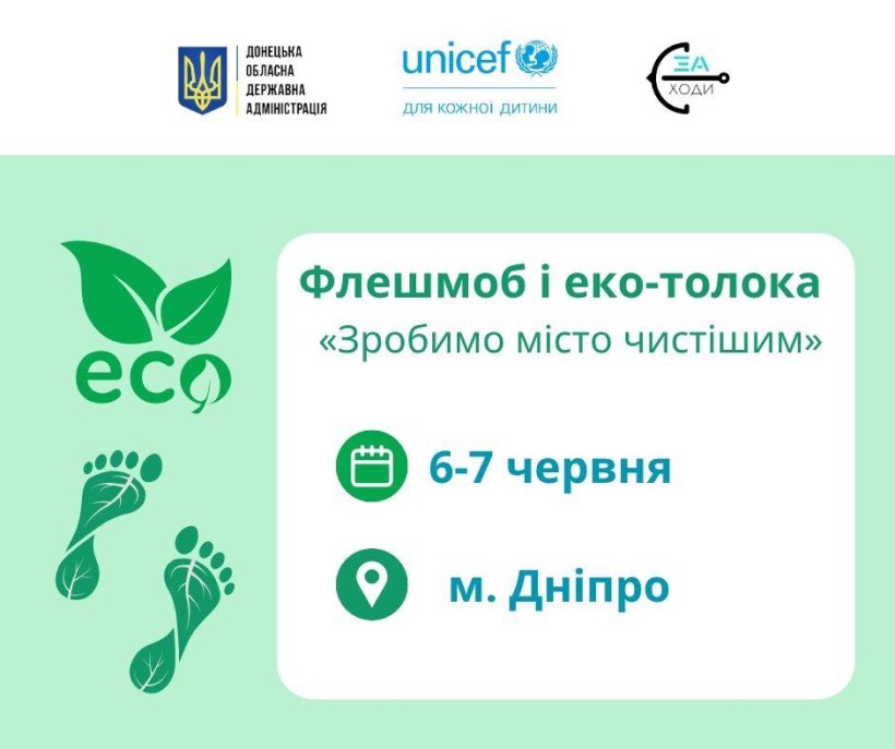 Банер з оголошенням про флешмоб та екотолоку в Дніпрі та з логотипами організаторів проєкту