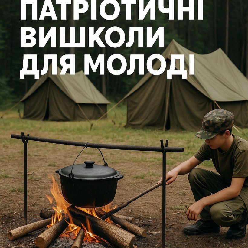 Анонс таборів: хлопець у наметовому таборі слідкує за вогнищем, де в казані готується обід