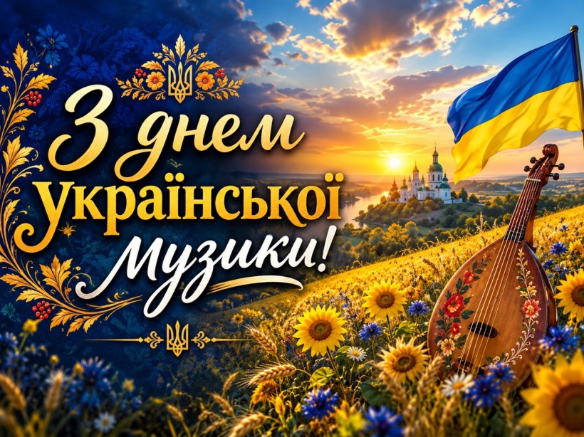 Вітальна листівка «З днем української музики!» із зображенням соняшникового поля, кобзи, прапора України та собору на тлі заходу сонця