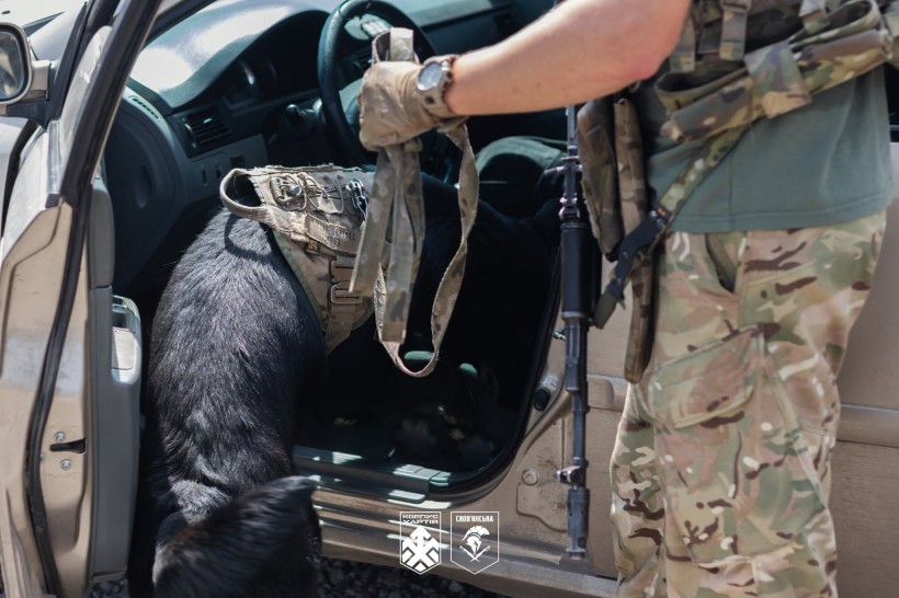 Кінологічна пара 18-ї Слов'янської бригади проводить огляд машини на блокпосту