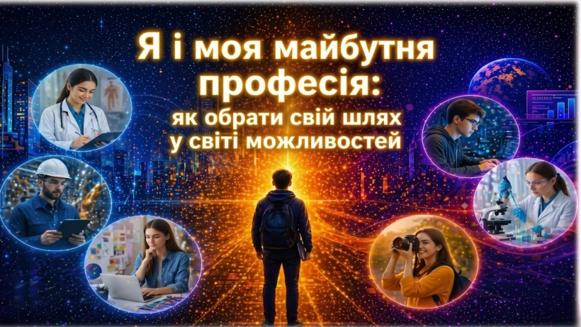 Афіша зустрічі: молода людина та навколо люди різних професій