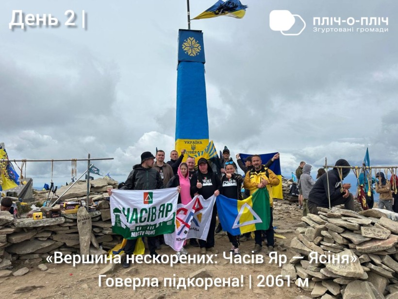 Спільне фото на Говерлі з прапорами громад