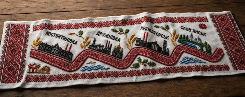 Вишитий рушник з назвами міст Донеччини