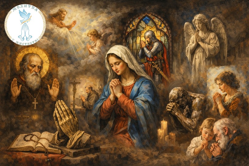 Композиція, що поєднує образи людей в молитві, які передають атмосферу глибокої віри, смирення й духовного єднання