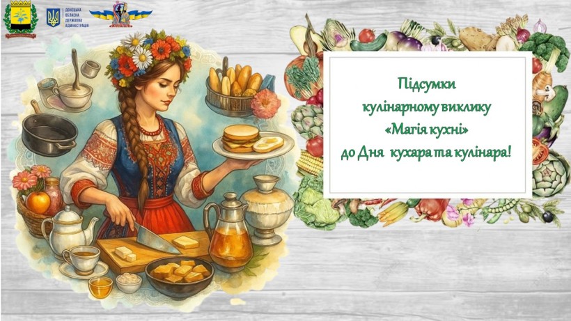 Афіша підсумків кулінарного виклику «Магія кухні» з логотипами Донецької облдержадміністрації, Донецького Палацу молоді «Юність»