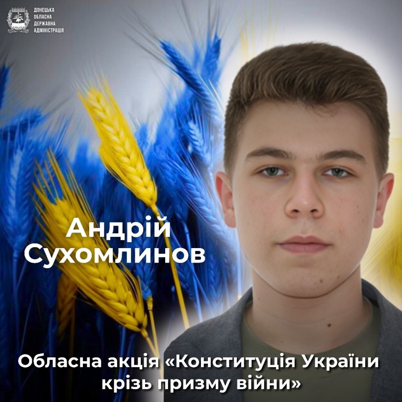 Оголошення про старт обласної акції "Конституція України крізь призму війни" Учасник акції на фоні жовто-синьої пшениці