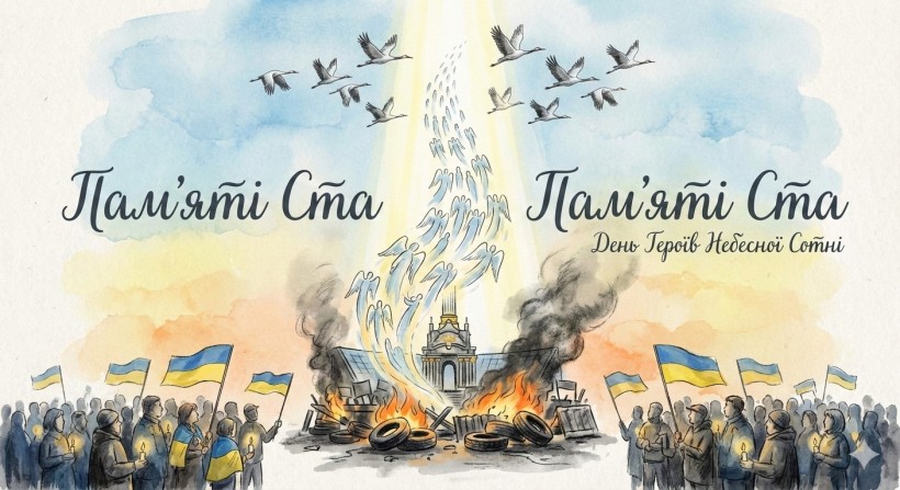 Картина зображує символічно душі Героїв Небесної Сотні, які відлітають увись, на фоні горять шини