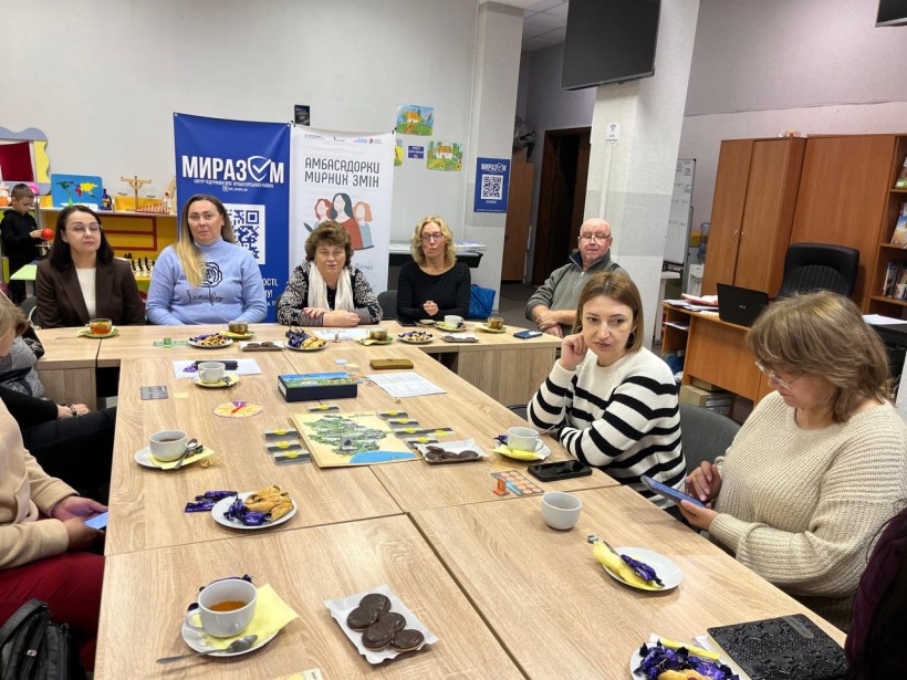 Фото учасників гри. Всі сидять за столом, на столі гра, солодощі та чай.
