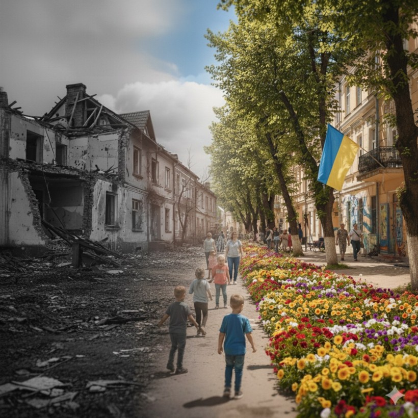 Робота, виконана у редакторі фотошоп, де по центру, стежиною, прямують малі діти. З одного боку квітне алея, на будинку український прапор. З іншого боку - зруйноване чорно-біле місто.