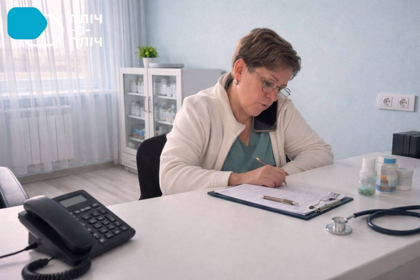 Лікарка заповнює документи, сидить у кабінеті.