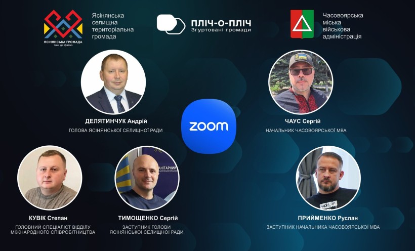 Учасники онлайн-зустрічі з Часовоярської та Ясінянської громад з логотипами проєкту Пліч-о-пліч та гербами обох громад