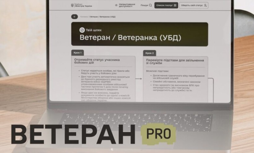 На ноутбуці, що стоїть на дерев'яному столі, відкрита веб-сторінка під назвою «Ветеран/Ветеранка (УБД)» із покроковими інструкціями. На зображенні накладено текст «ВЕТЕРАН PRO».