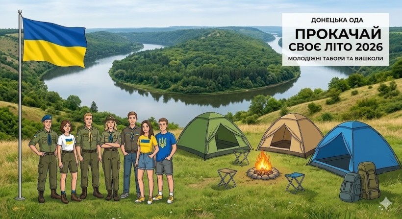 Ілюстративне фото - молодь стоїть біля прапора та наметів на берегу водойми