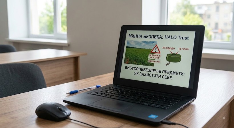Ноутбук на столі з відкритою презентацію про мінну безпеку