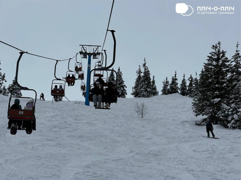 Підйом канатною дорогою до пам’ятника Дмитро Коцюбайло («Да Вінчі»). Навкруги сніг та ялинки.
