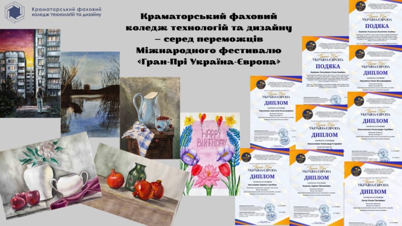 Постер про участь студентів з Краматорська у Міжнародному фестивалі-конкурсі «Гран-Прі Україна-Європа» з фотографіями дипломів та робіт