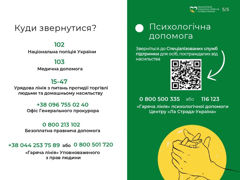 банер з інформацією, куди звертатись жертвам у випадку насильства