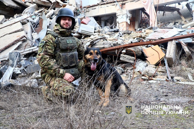 Вівчарка Боніфацій з провідником Романом,на місці влучання.