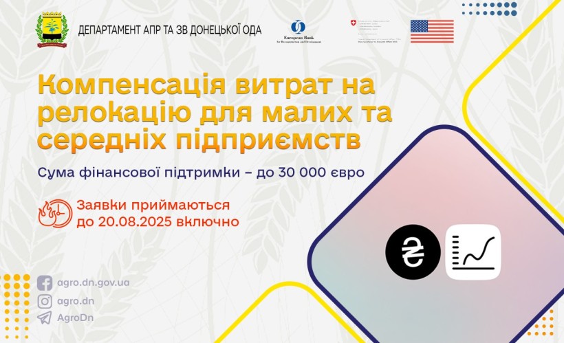 Оголошення про компенсацію витрат на релокацію з логотипами донорів цієї програми