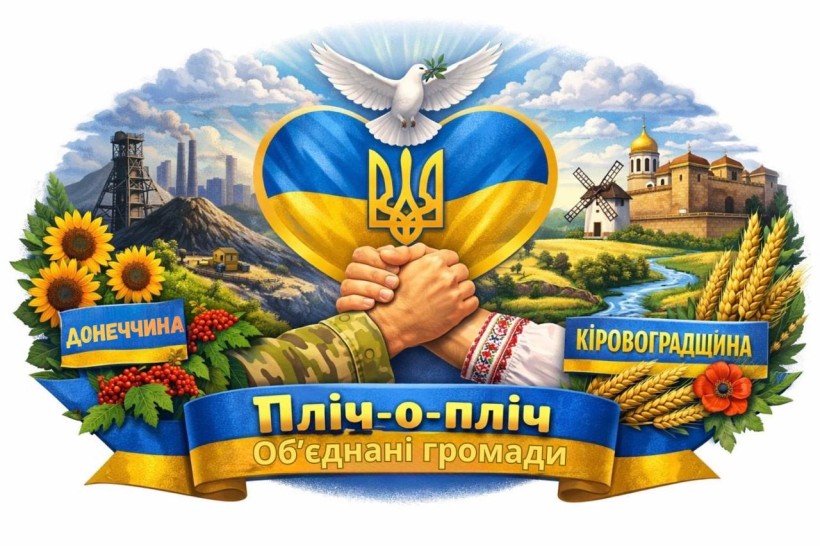 Дві руки стискають одна одну, надписи на прапорах "Донеччина" та "Кіровоградщина" та символи областей