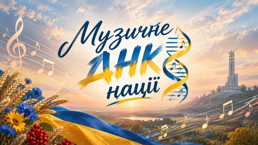 Патріотичний банер із написом «Музичне ДНК нації» на тлі сонячного пейзажу Донеччини із зображенням синьо-жовтого прапору, соняшників, калини, нот