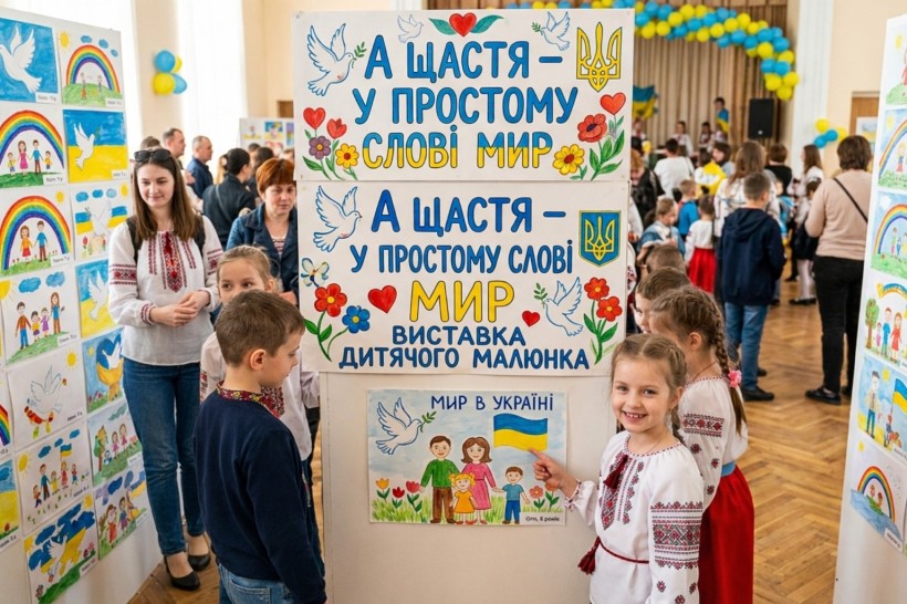 Ілюстративне зображення дітей поруч з власними малюнками у святковому залі