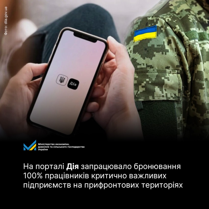 Колаж. Чоловічі руки тримають телефон з додатком "Дія", поруч плече військового з  українським прапором на рукаві та напис: На порталі Дія запрацювало бронювання 100% працівників критично важливих підприємств на прифронтових територіях