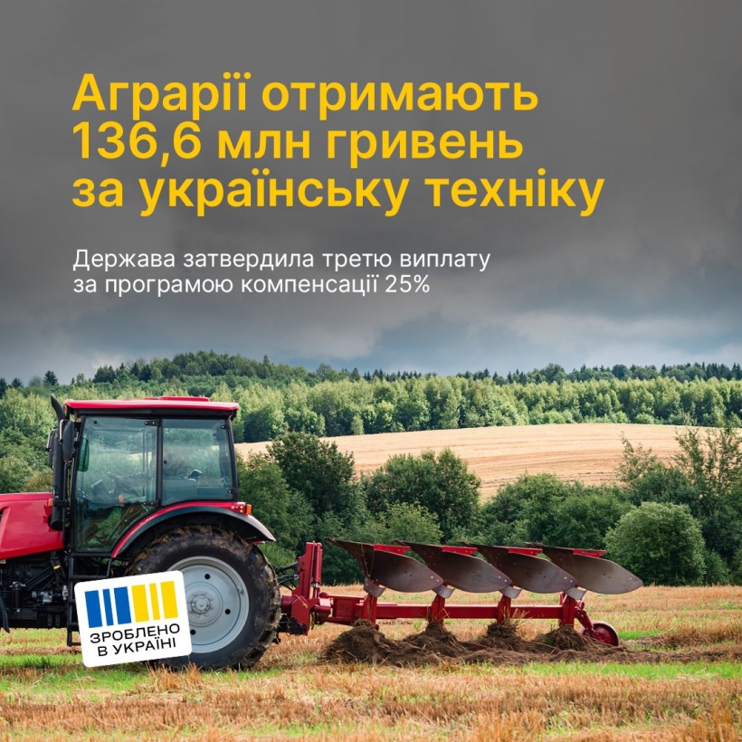 Картинка з трактором та обладнанням для сільгоспробіт.  Важлива інформація для аграріїв про отримання грошової компенсації при придбанні української сільськогосподарської техніки.