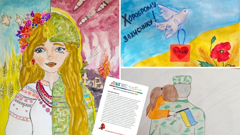 Дитячі малюнки, представлені у виданні: дівчинка обіймає захисника; голуб миру над прапором України; дівчина у вишиванці та військовій формі