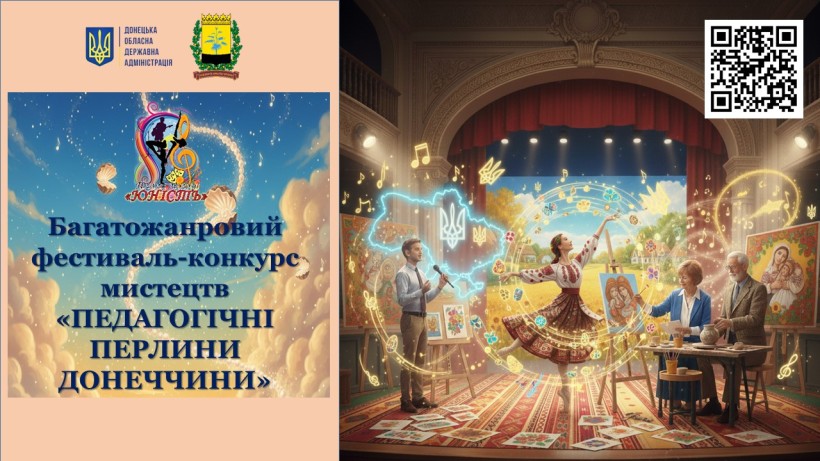 Афіша Багатожанрового фестивалю-конкурсу мистецтв «Педагогічні перлини Донеччини» з логотипами Донецької облдержадміністрації, Донецького Палацу молоді «Юність»