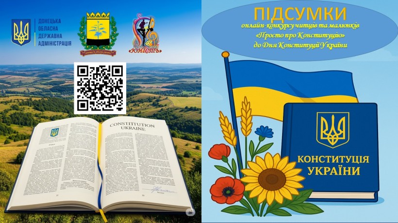 Афіша підсумків онлайн-конкурсу до Дня Конституції України «Просто про Конституцію» з логотипами ДонОДА, Донецького Палацу молоді «Юність».