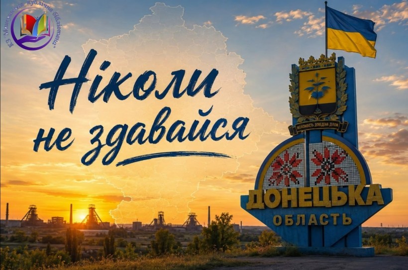 Постер із написом "Ніколи не здавайся" на тлі стели Донецької області та промислового пейзажу