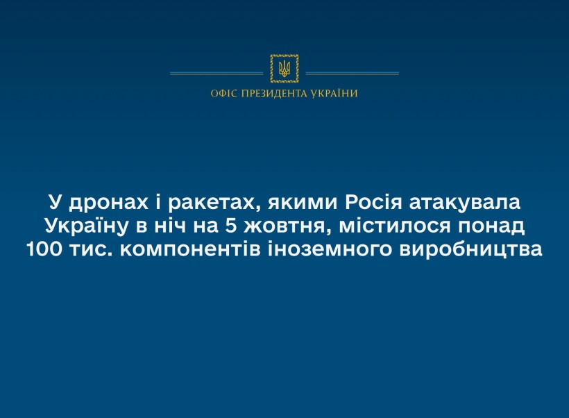 У дронах і ракетах, якими Росія атакувала Україну в ніч на 5 жовтня, містилося понад 100 тис. компонентів іноземного виробництва