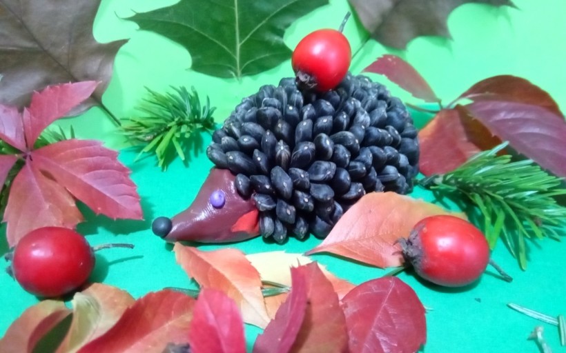 Їжак із насіння, листя та шипшини