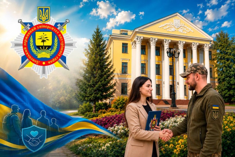 Тематична картинка - фахівець із супроводу ветеранів тисне руку військовому на тлі будівлі університету