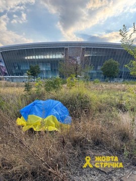 Український прапор на галявині на фоні "Донбас Арени" в Донецьку