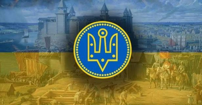 Герб України на тлі зображення історичних подій на синьо-жовтому фоні